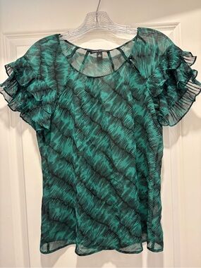 Banana Republic Teal and Black Sheer Ruffle Sleeve Blouse